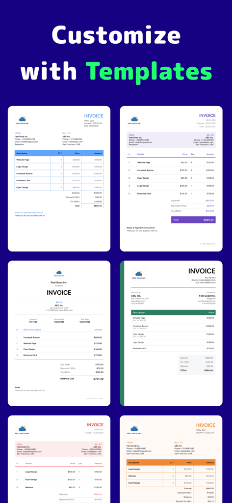 A collection of professional and customizable invoice templates for small business owners