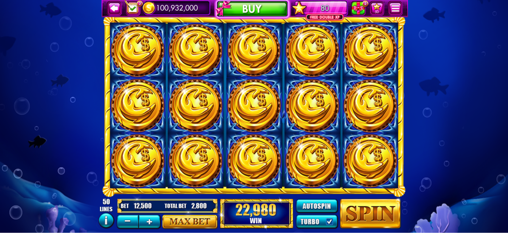 Slots Craze: Casino Games - A big win screen on a dolphin themed slot machine in Slots Craze Casino Games