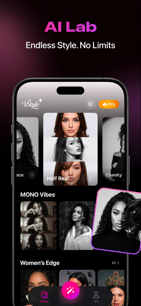 Pantalla del Laboratorio de IA de la aplicación VStyle mostrando estilos artísticos de retratos y efectos fotográficos en blanco y negro