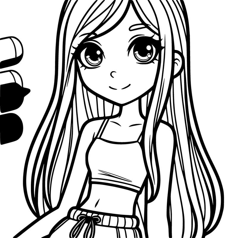 a young teenage girl with long strait hair that comes down to her mid spine, cute eyes and, short top with track pants