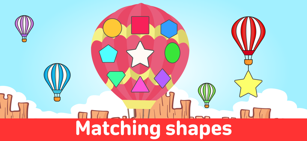 Kids games for toddlers 3 5 - A educational game screen for toddlers featuring a large red hot air balloon where children match colorful geometric shapes like stars and circles.