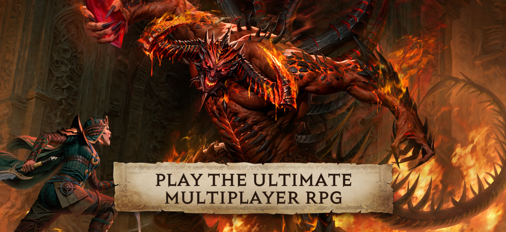 Hero character facing a giant fiery demon in Diablo Immortal with the text Play the Ultimate Multiplayer RPG