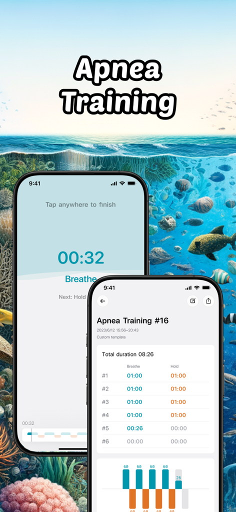 DIVEROUT-App-Apnoe-Trainingsfunktion, die einen Atemzeitmesser und Sitzungsdatenprotokolle für Freitaucher anzeigt