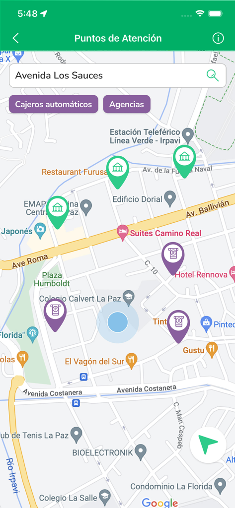Bille - Map view in the Bille app showing BNB ATM and bank agency locations in Bolivia
