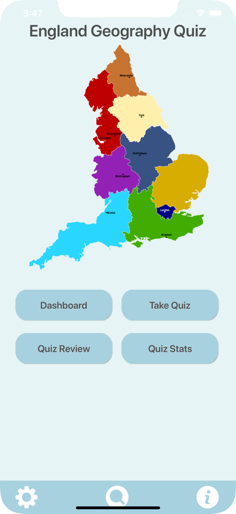 England Geography Quiz - Menu principale dell'app Quiz di Geografia dell'Inghilterra con una colorata mappa regionale dell'Inghilterra e pulsanti di navigazione per quiz e statistiche