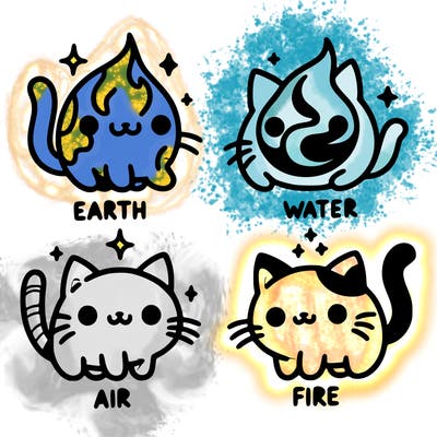 4 cats that represent the different elements, earth, water, air, and fire