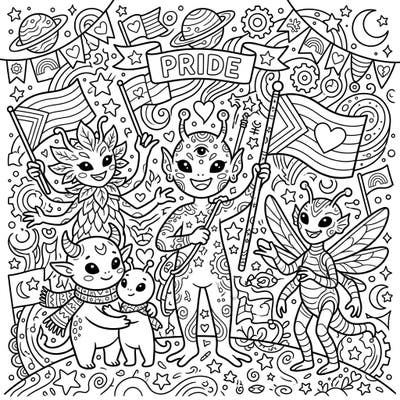 Embark on an extraordinary journey with our Alien Time Travelers as they joyfully celebrate Pride Month. This unique coloring page blends whimsical extraterrestrial characters with vibrant symbols of love, diversity, and community, perfect for all ages.