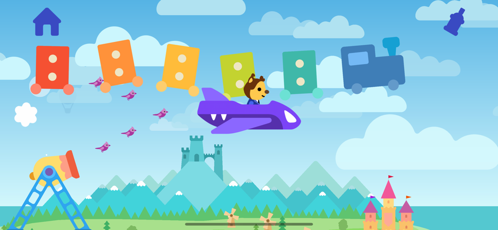 Airplane Games for Kids & Baby - Cartoon pilot flying a purple airplane through a colorful sky with a flying train and castles
