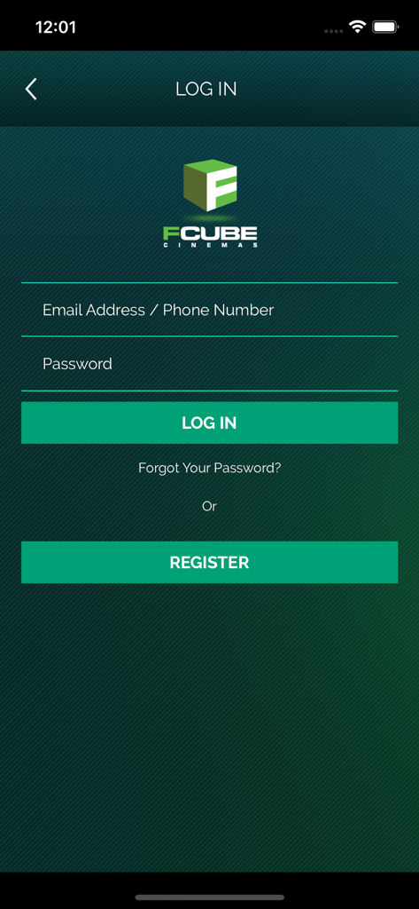 FCube Cinemas - Login and registration interface for the FCube Cinemas mobile app