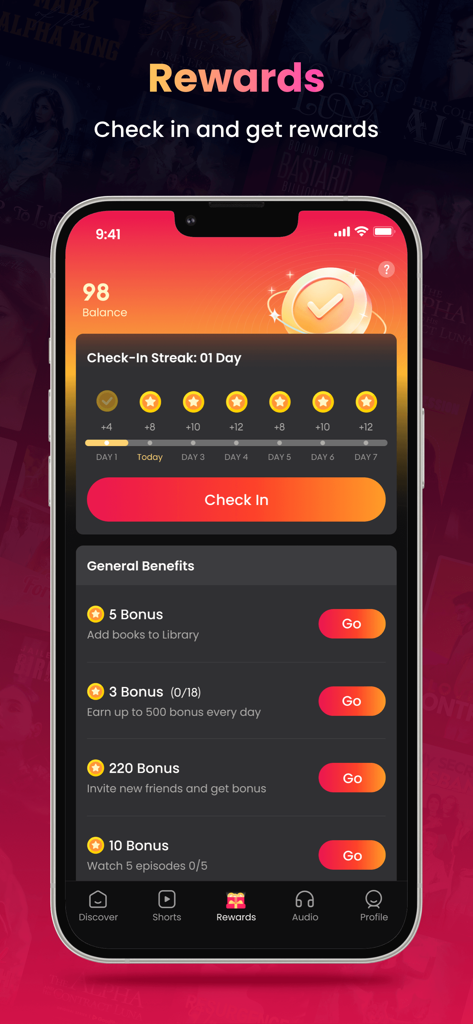 Écran de l'application GoodFM affichant le système de récompenses avec une série de check-in quotidiens et des tâches bonus pour gagner des crédits.