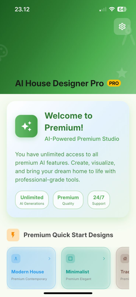 AI House Designer Pro - AI House Designer Pro premium welcome screen featuring unlimited AI generations and professional quick start design templates