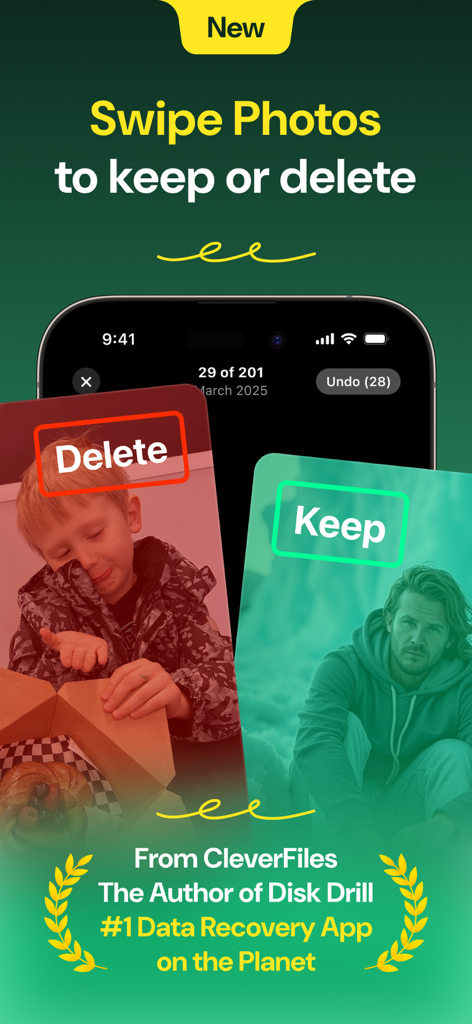 Clever Cleaner: AI CleanUp App - La interfaz de la aplicación Clever Cleaner muestra la función de deslizar para conservar o eliminar fotos