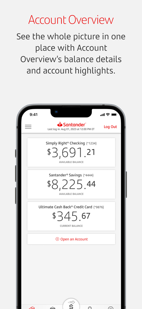 Smartphone showing the Account Overview screen of the Santander Bank US app with checking, savings, and credit card balances