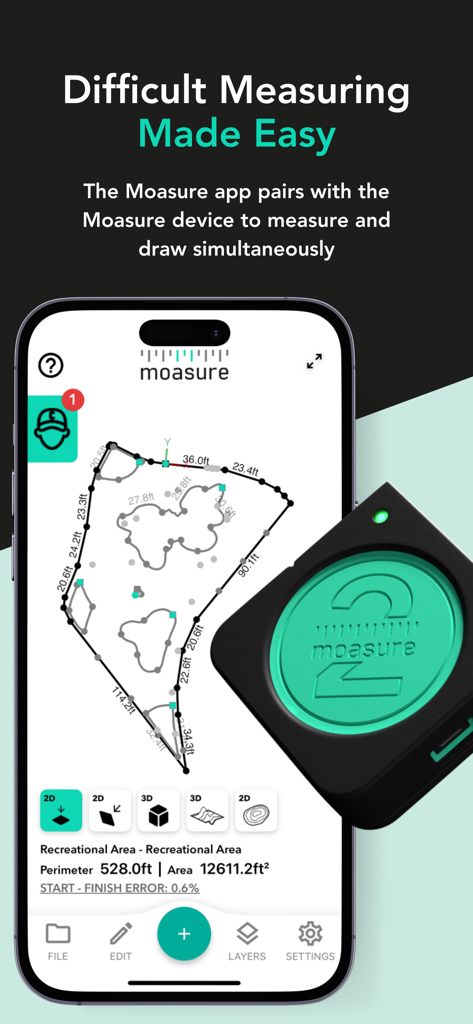 Moasure - Moasure app displaying a complex 2D site measurement and area calculation next to the Moasure device
