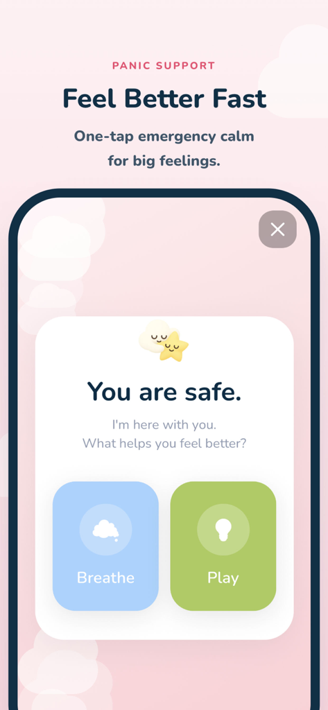 Calmbud mobile app screen for panic support showing breathe and play options for kids