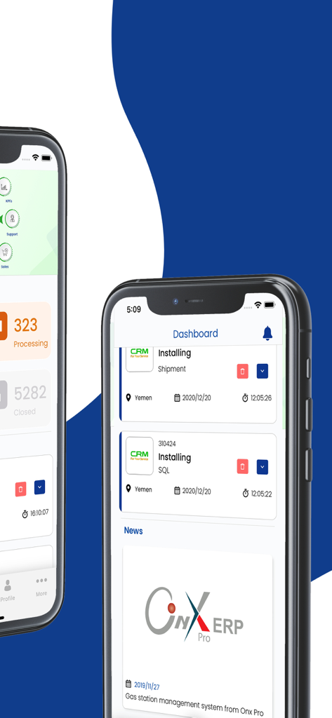 Dashboard der Ultimate CRM App mit Status von Servicetickets und Wartungsinstallationsprotokollen auf einem mobilen Gerät.