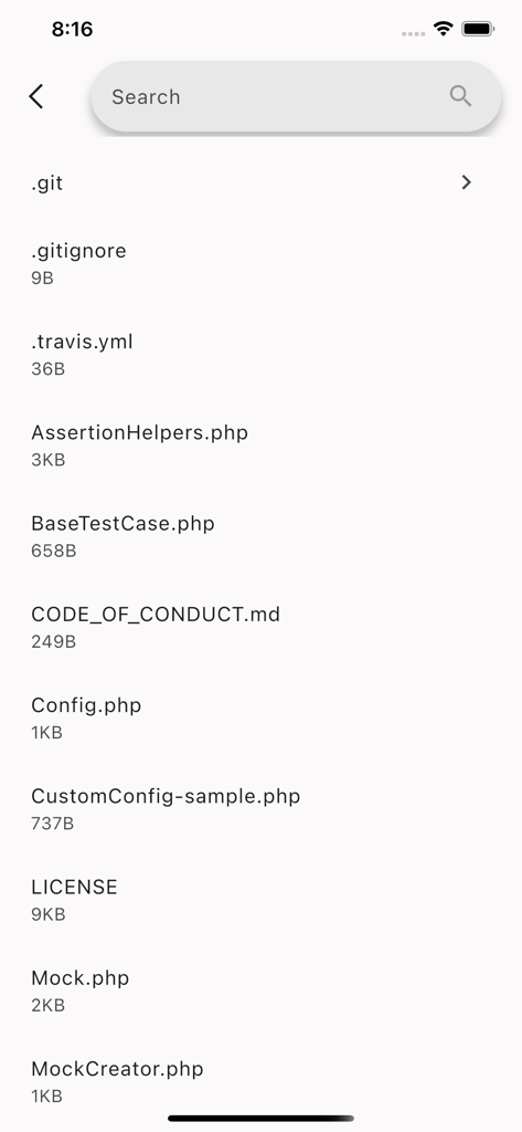 Codiscover: Code Browser - Interface do aplicativo Codiscover mostrando uma lista de arquivos e pastas em um repositório de código