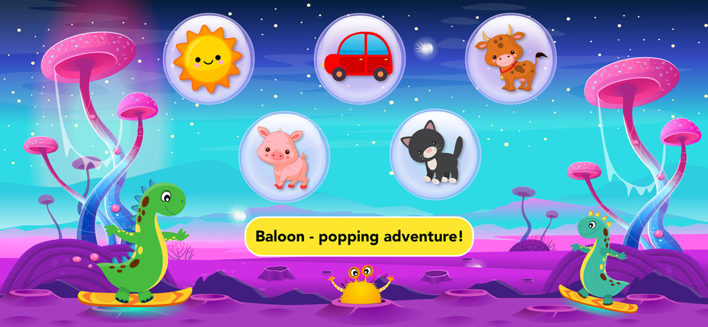 Jeu éducatif de lecture de mots fréquents proposant une aventure d'éclatement de ballons avec des icônes d'animaux et des personnages de dinosaures.