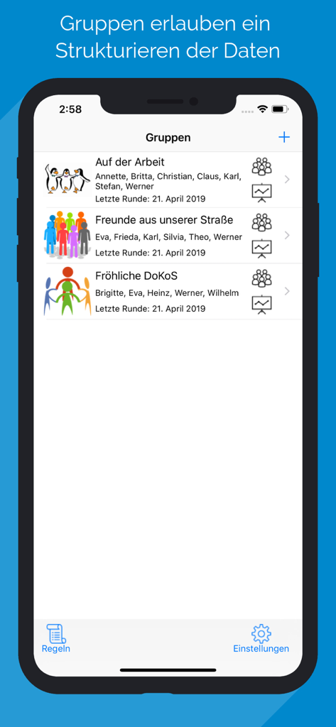 A list of different Doppelkopf card game groups showing players and game history on a mobile screen