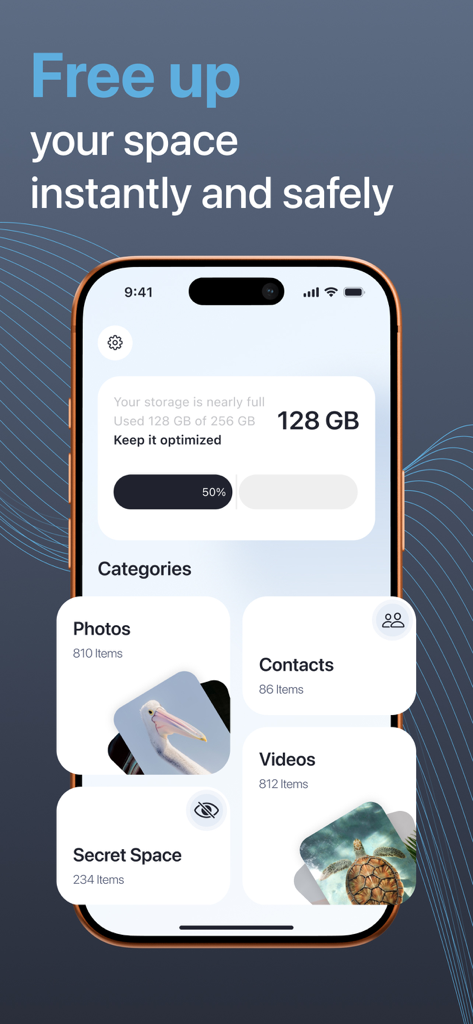 Main interface of Purilo Cleaner App showing storage usage and categories for cleaning photos, videos, and contacts.