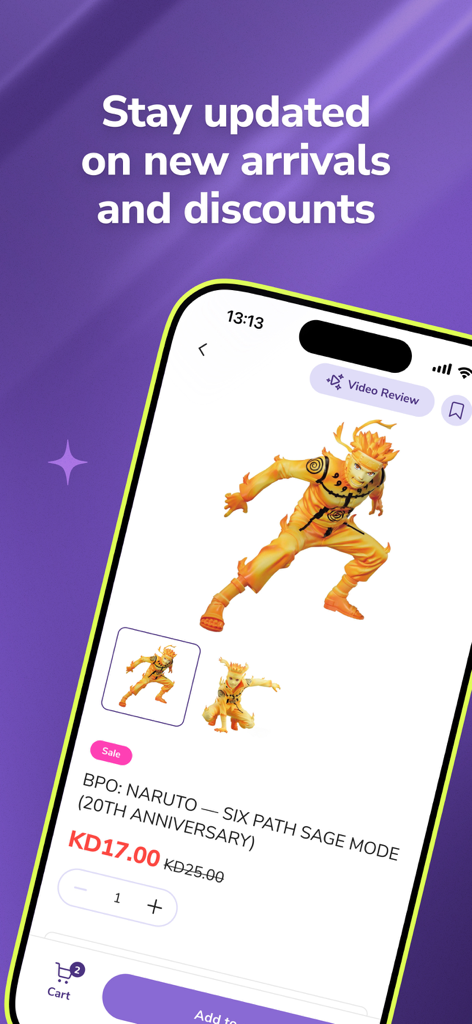 Una página de producto en la app UFFF que presenta una figura de acción de Naruto Modo Sabio de los Seis Caminos con precio y opciones de revisión de video.