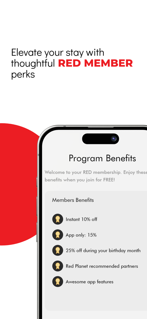 Red Planet Hotel app screen displaying membership benefits and exclusive discounts