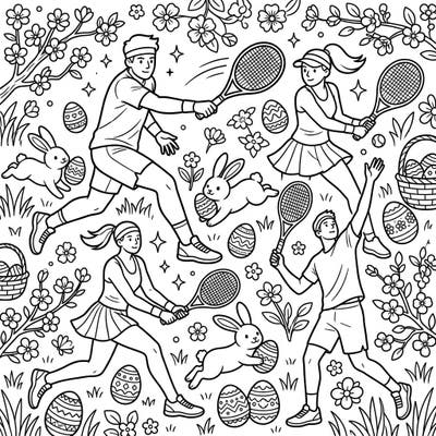 Get ready for a unique coloring experience combining the thrill of tennis with the joy of Easter. This delightful page features active tennis players alongside cute bunnies and festive eggs, perfect for spring sports enthusiasts.