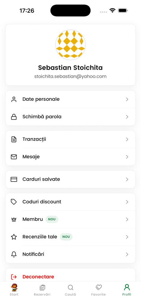 Booksport - Tela de perfil de usuário e configurações de conta no aplicativo Booksport mostrando dados pessoais e opções de reserva