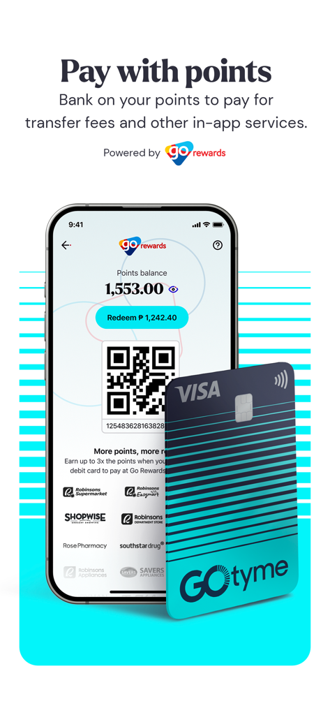 GoTyme Bank - GoTyme Bank app showing rewards points balance and a physical Visa debit card
