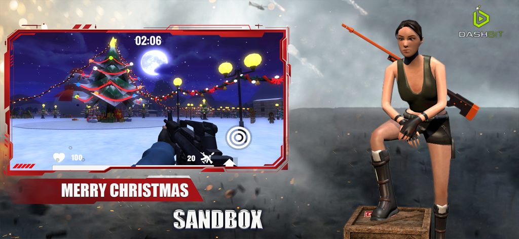 UMod sandbox gameplay showing a Christmas themed level and a 3D female character with a weapon