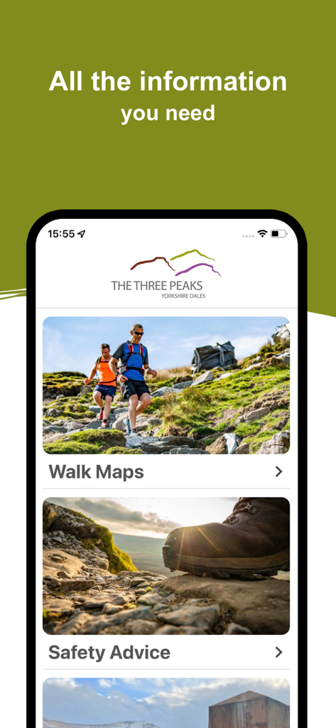 Yorkshire Three Peaks - Yorkshire Three Peaks mobile app main menu displaying walk maps and safety advice sections