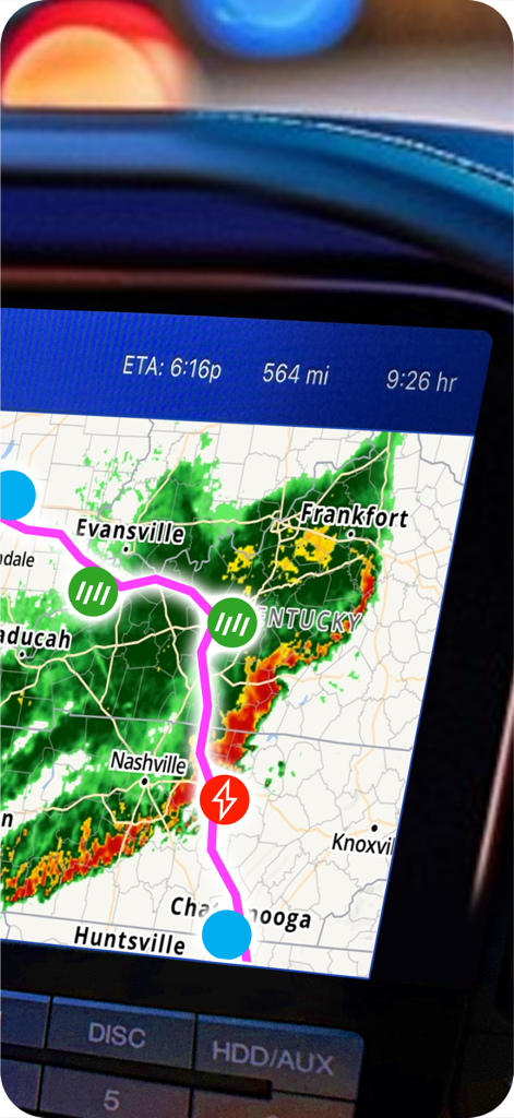 Drive Weather app displaying live radar and storm alerts on a vehicle dashboard