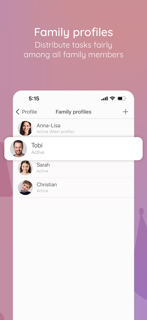BeTidy app interface showing shared family profiles for household chores