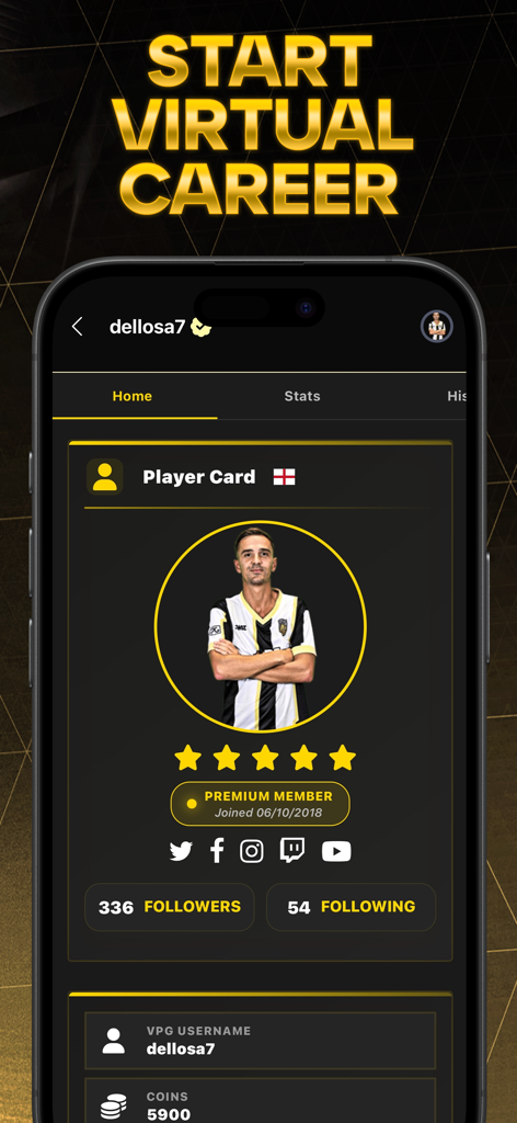 Virtual Pro Gaming - Virtual Pro Gaming app screenshot showing a player card profile with user stats and social media links