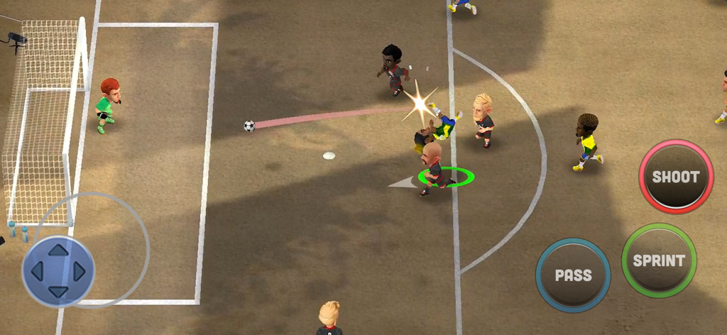 Un match de football dans Mini Football montrant des joueurs stylisés et des contrôles de jeu à l'écran