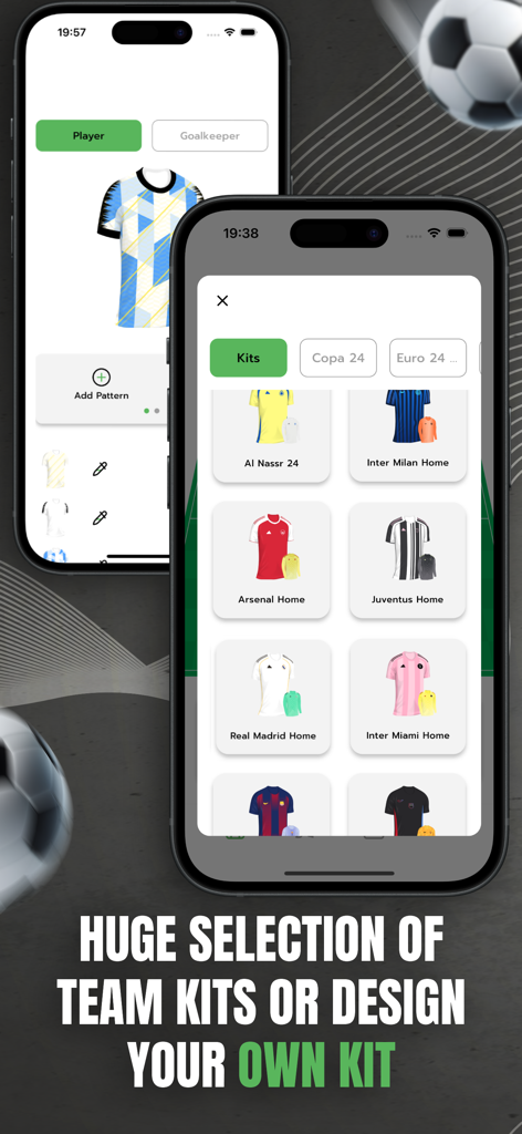 My Lineup - Lineup Builder - A mobile app interface displaying a wide selection of professional soccer team kits and a custom jersey designer tool.