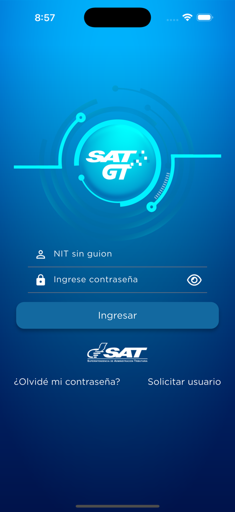 SAT GT - Login screen of the SAT GT mobile app with input fields for tax identification number and password