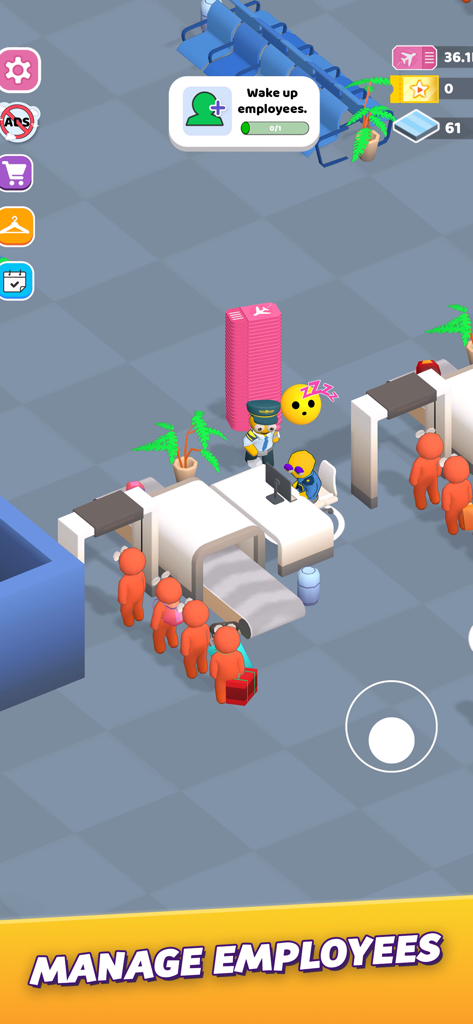 Gameplay screenshot showing a manager waking up a sleeping employee at a security checkpoint with passengers waiting in line