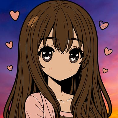 anime girl with long hair with straight fringe bangs and heart eye pupils