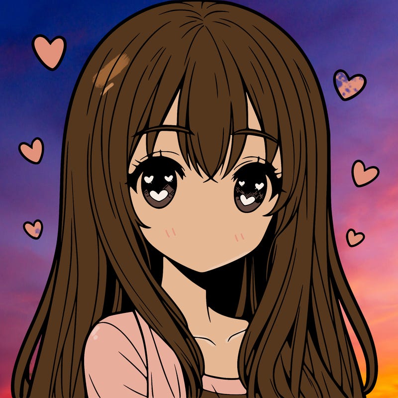 anime girl with long hair with straight fringe bangs and heart eye pupils