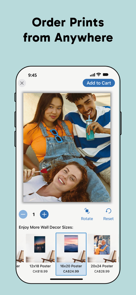 Interface de l'application Photo Prints plus pour commander des décorations murales et des posters personnalisés à partir de photos mobiles.