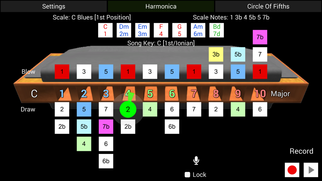 HarpNinja Diatonic Harmonica - Interface of HarpNinja app showing a 10-hole diatonic harmonica with real-time pitch recognition for learning blues scales
