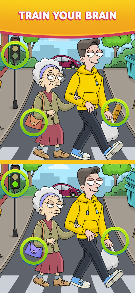 Find Easy - Hidden Differences - 間違い探しパズルゲームのために、違いが強調された漫画のようなシーンを並べて表示