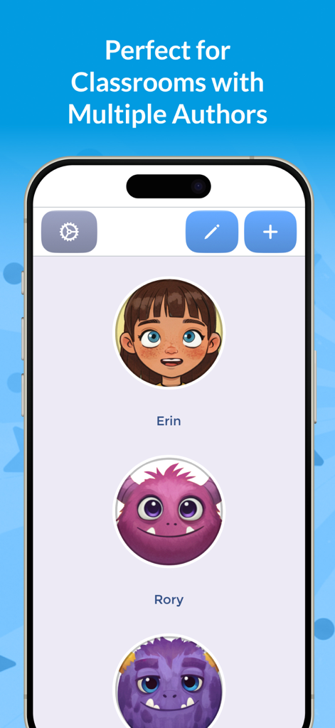 My Story School eBook Maker - Smartphone screen showing student author profiles with custom avatars in the My Story School eBook Maker app.