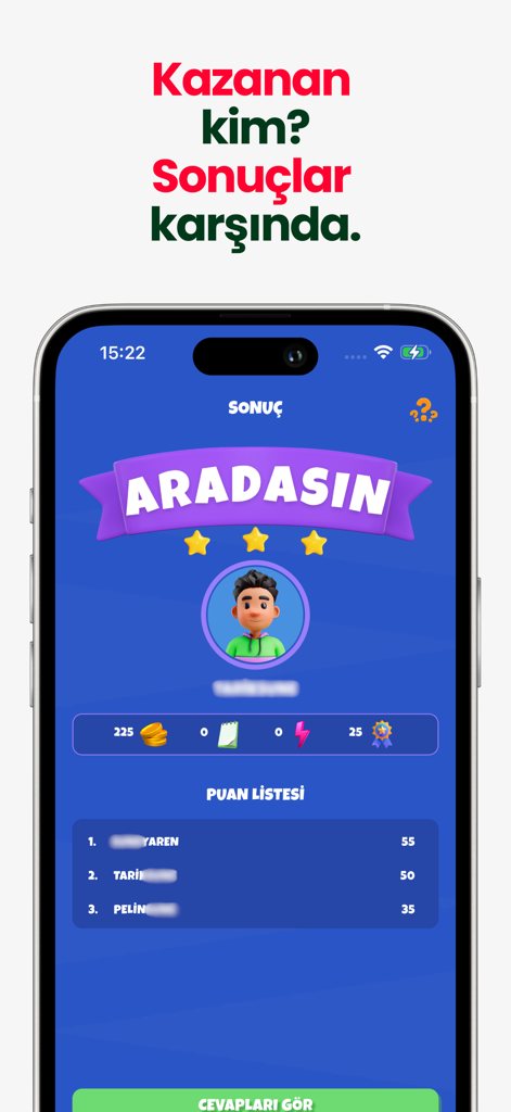 İsim Şehir Hayvan Online - The results screen of the İsim Şehir Hayvan Online mobile game showing player rankings and scores.