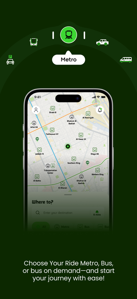 Interface of the darb app displaying a map of Riyadh with options to choose between Metro, Bus, or Bus on Demand.