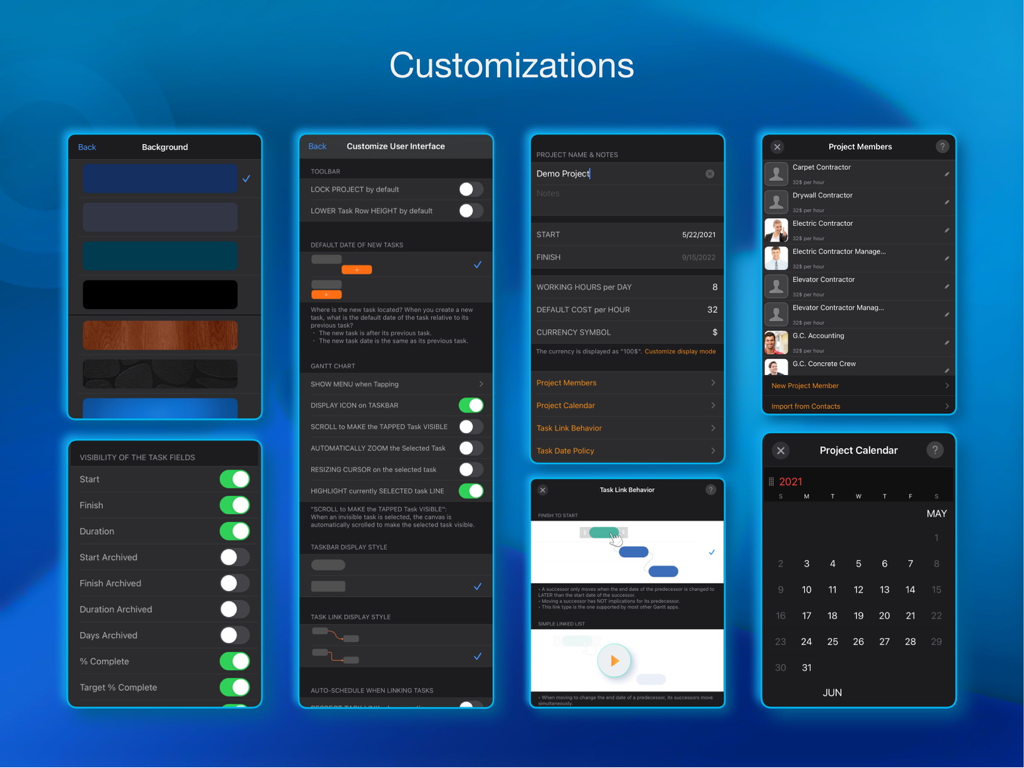 QuickPlan Basic - Project Plan - A collection of app screens showing various project management customization settings for UI background project members and task behaviors.