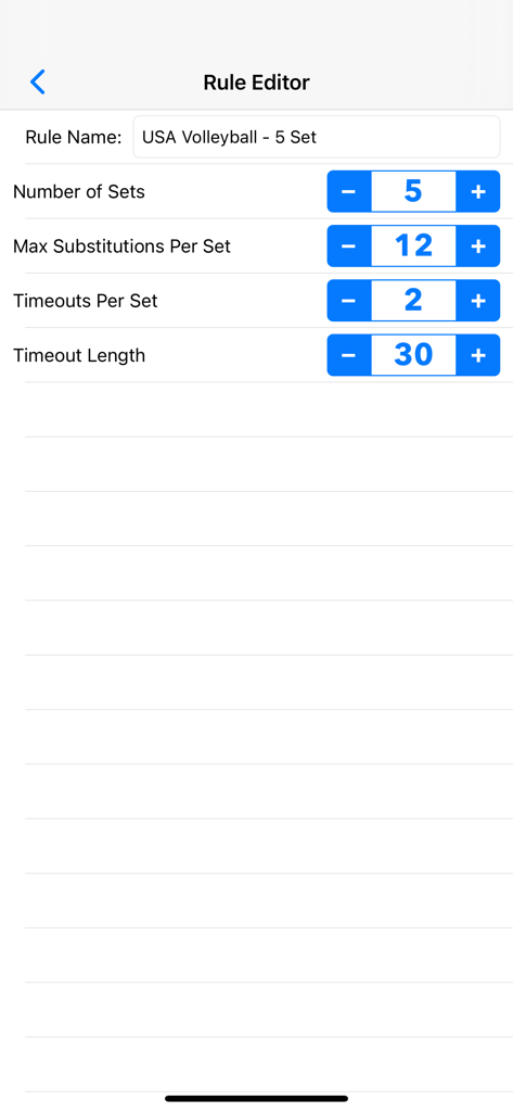 Volleyball Scorebook + Stats - Interface for customizing volleyball game rules including sets substitutions and timeouts