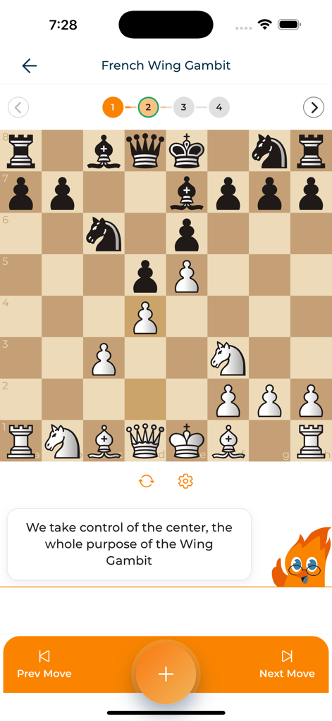 ChessMind AI - A chess opening lesson for the French Wing Gambit in the ChessMind AI app featuring a digital chessboard and instructional text