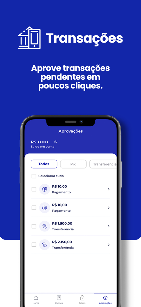 Interface of the Banco BS2 business banking app showing a list of pending transactions and transfers for quick approval